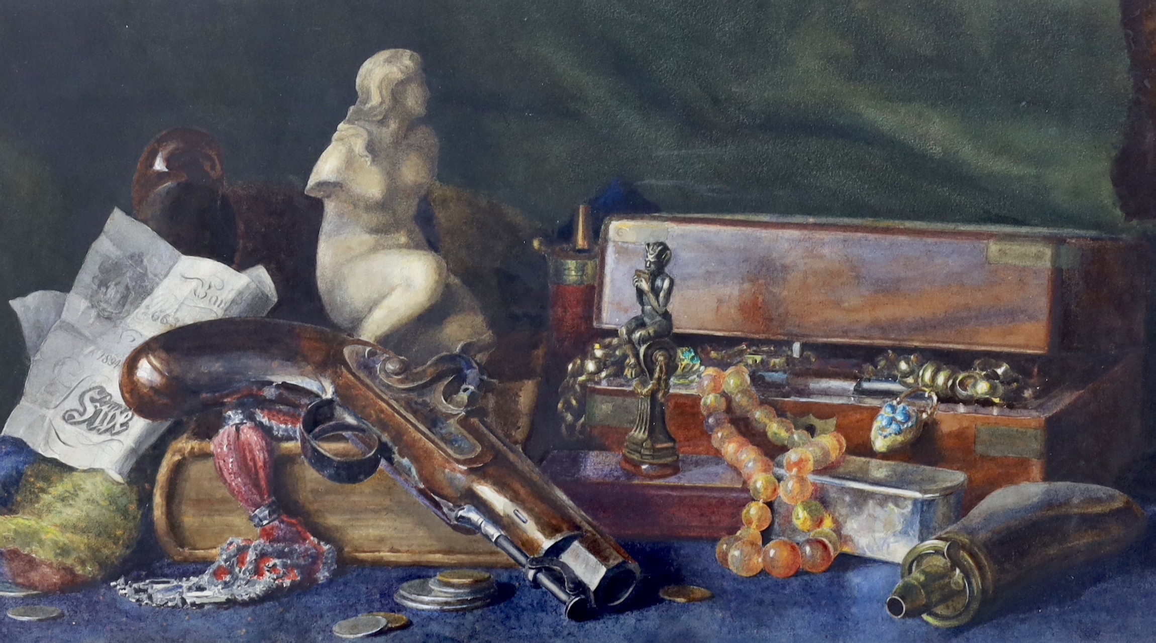 English School c.1900, watercolour, Still life of a percussion pistol and highwayman's loot, 28 x 50cm